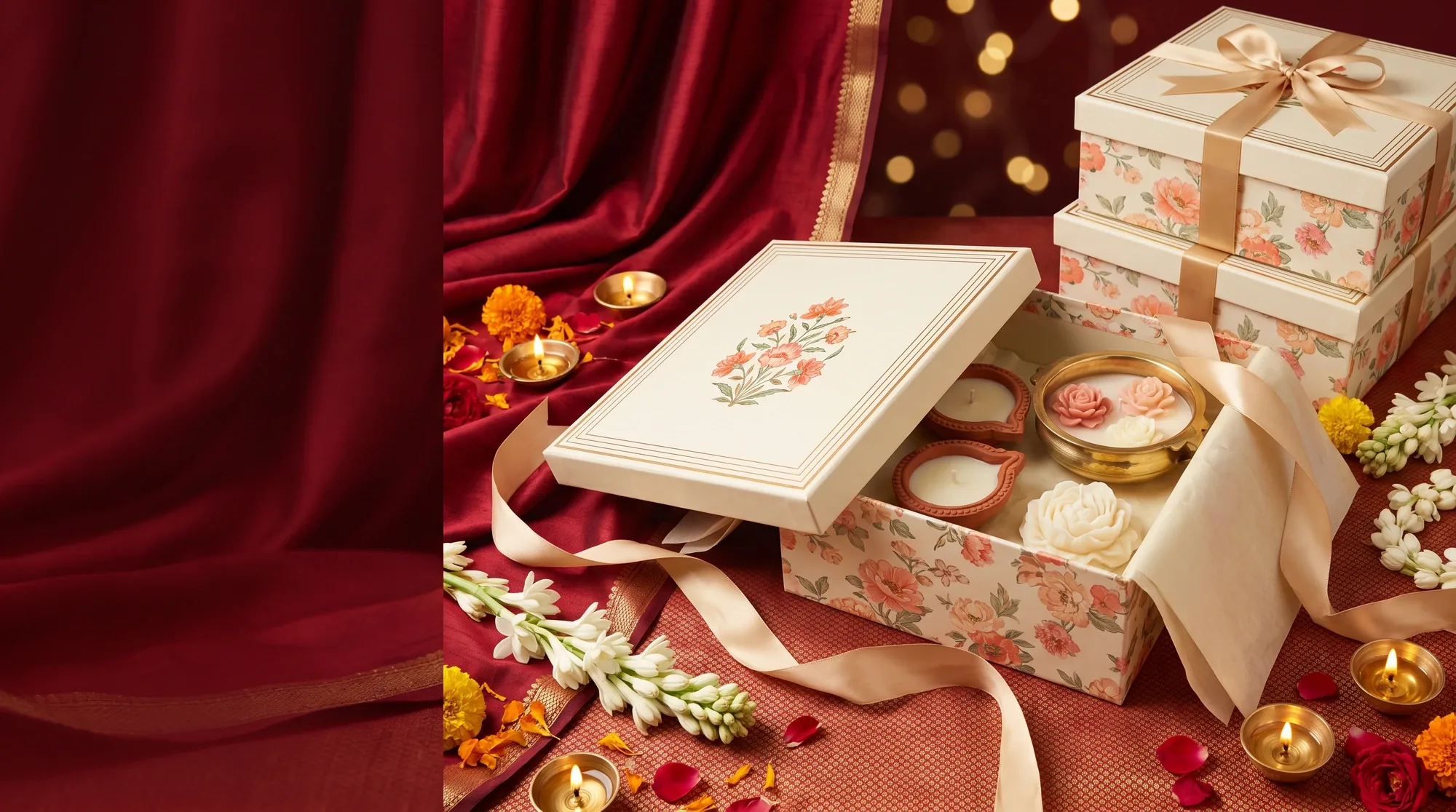 An open ivory gift box with terracotta diyas, a brass urli of floating roses and a large peony candle, on crimson silk