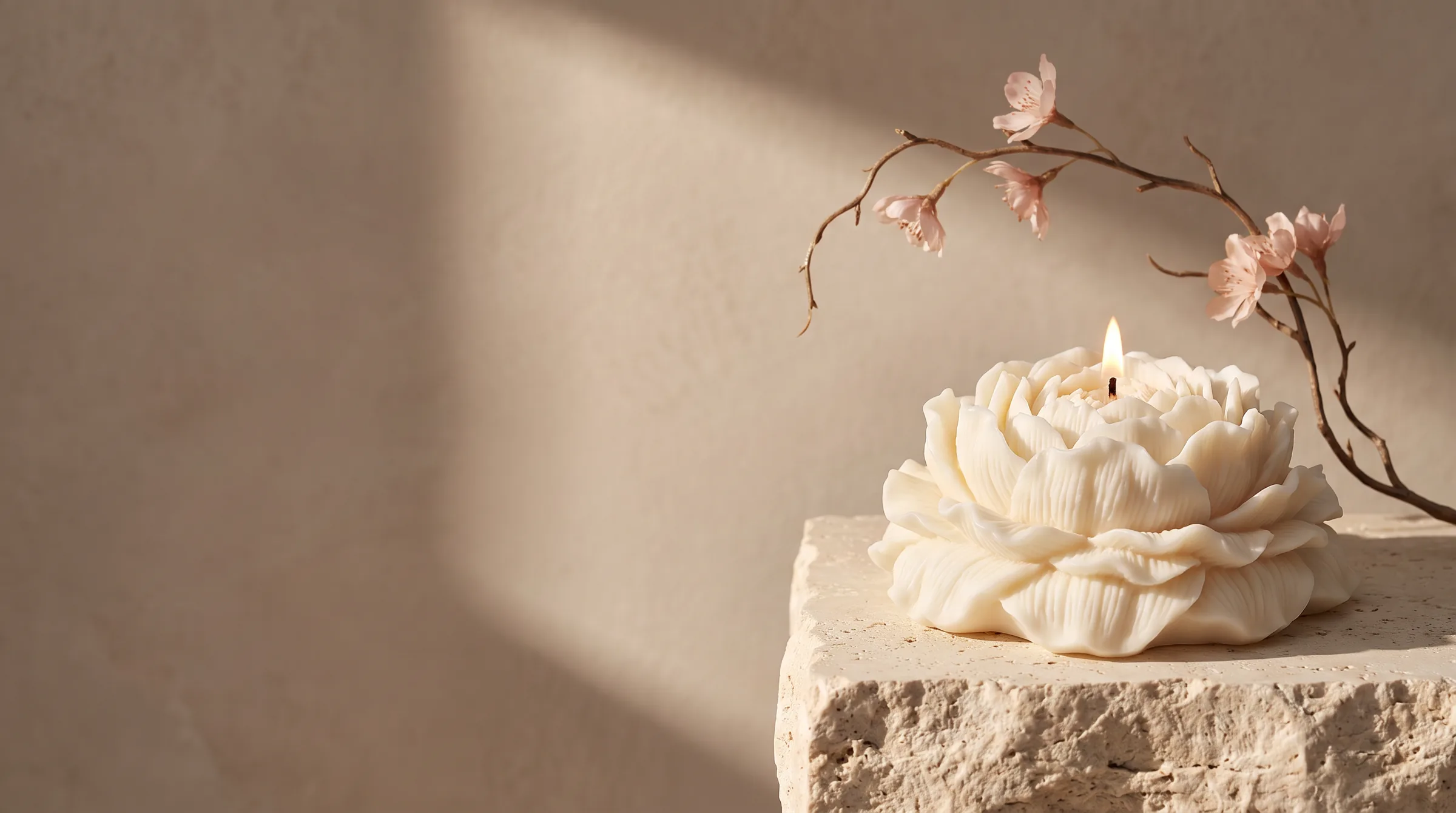 An ivory peony candle on a travertine stone block, soft pink blossoms arching overhead